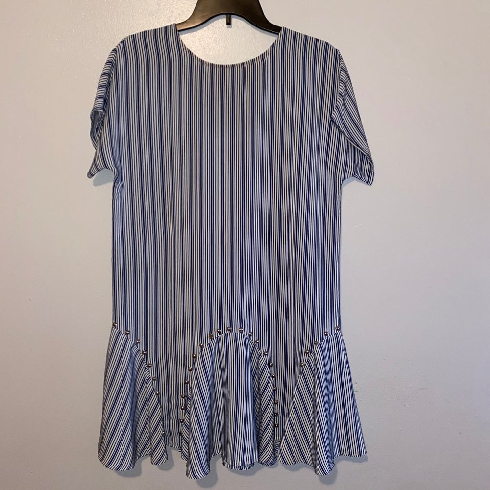 Bar III blue striped trapeze dress with ruffles